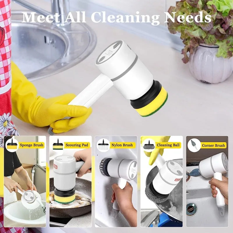 Multifunctional Electric Spin Scrubber Rechargeable with 6 Replaceable Cleaning Brush Heads or Bathroom Kitchen Oven Dish Floor